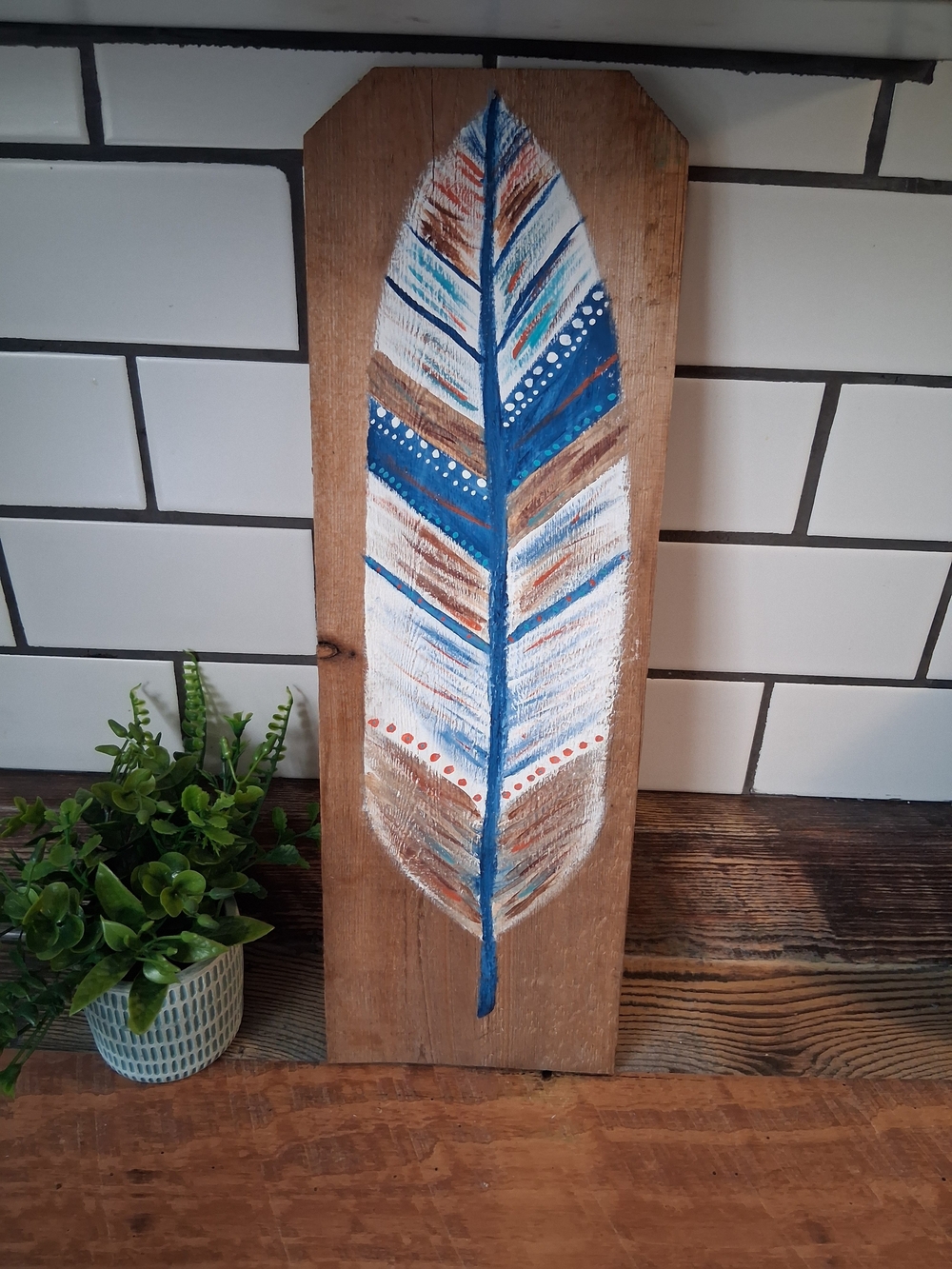 Blue Feather Wood Art Panel - Hand-Painted Home Accent